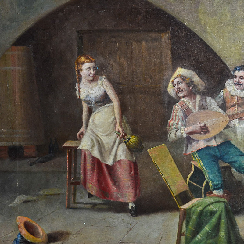 Dipinto olio su tela “Moschettieri alla taverna” periodo teatrale italiana. 1850 c.a