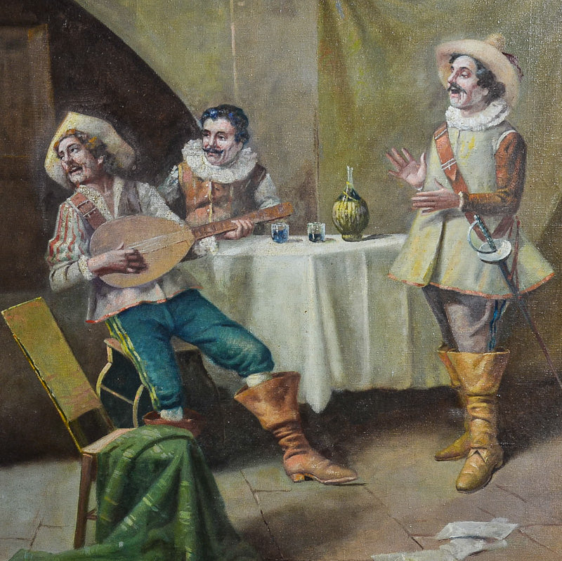 Dipinto olio su tela “Moschettieri alla taverna” periodo teatrale italiana. 1850 c.a