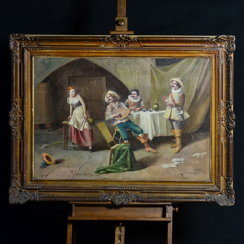 Dipinto olio su tela “Moschettieri alla taverna” periodo teatrale italiana. 1850 c.a
