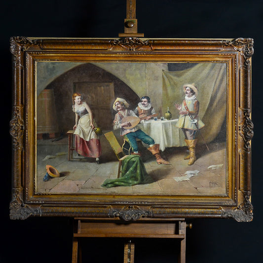 Dipinto olio su tela “Moschettieri alla taverna” periodo teatrale italiana. 1850 c.a