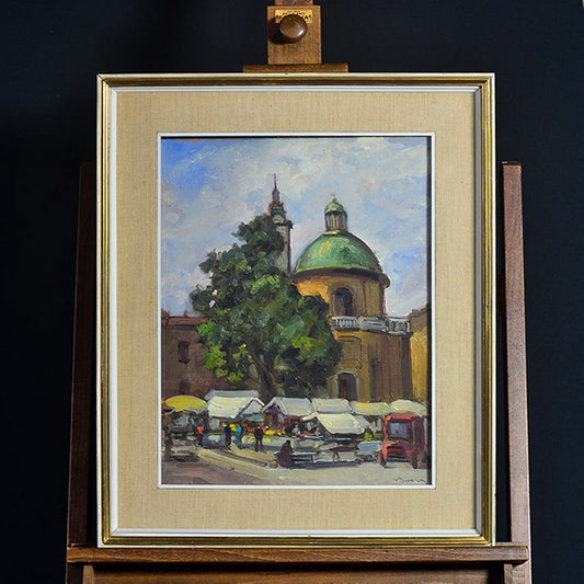 Dipinto olio su tavola “Piazza Carlina” Torino. Inizi ‘900 f.to in basso a destra