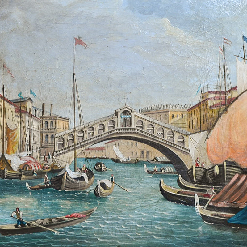 Dipinto olio su tela “Venezia, ponte di Rialto” Maniera di Bellotto. Epoca fine ‘800