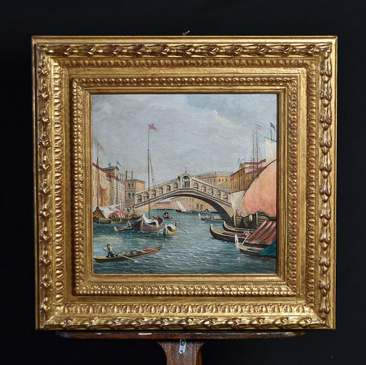 Dipinto olio su tela “Venezia, ponte di Rialto” Maniera di Bellotto. Epoca fine ‘800