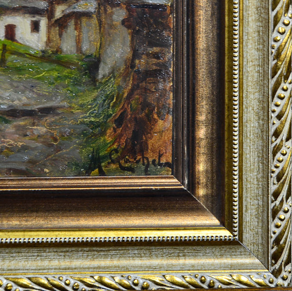 Disegno olio su tavola “Borgo alpino” f.to Gachet