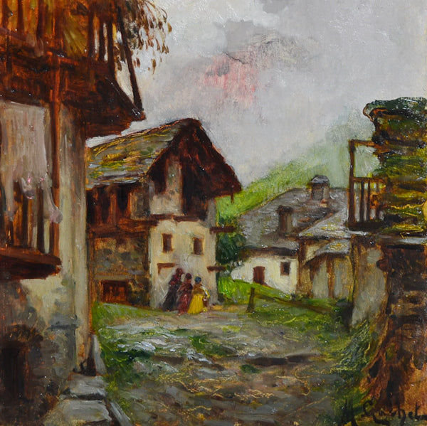 Disegno olio su tavola “Borgo alpino” f.to Gachet