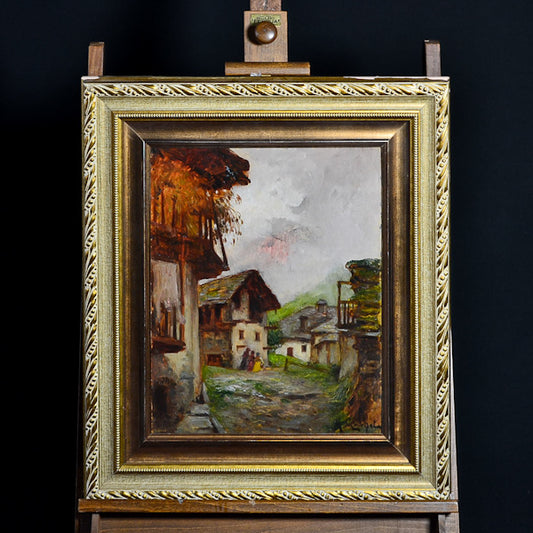 Disegno olio su tavola “Borgo alpino” f.to Gachet