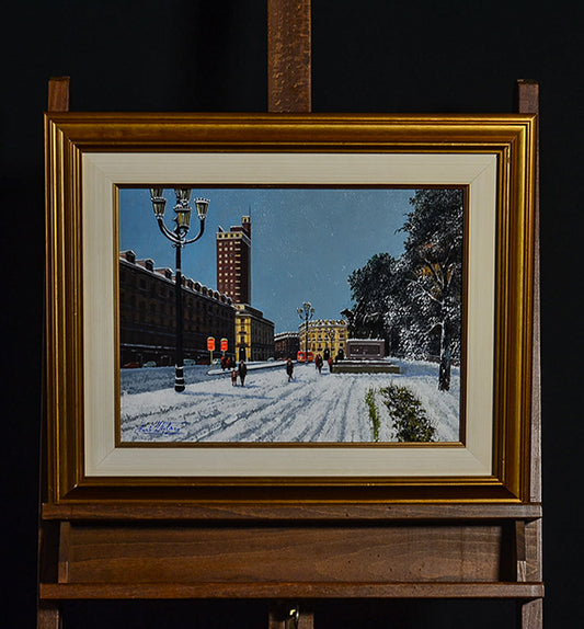 Dipinto olio su tavola “Piazza Castello storica” f.to Raul Viglione anni ‘90