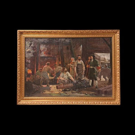 DIPINTO OLIO SU TELA "PIETRO IL GRANDE NELLA FABBRICA DEGLI ARMAMENTI" SCUOLA RUSSA