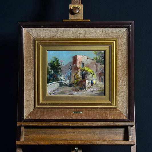 Dipinto olio su tavoletta “Scorcio di Amalfi” f.to V. Laricchia. Epoca metà ‘900