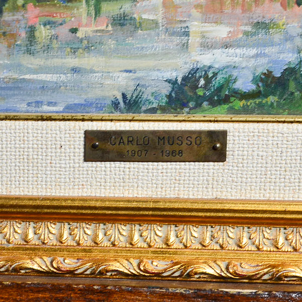 Dipinto ad olio su tavola “Scorcio del Borgo del Valentino a Torino” f.to Carlo Musso. Epoca primi del ‘900