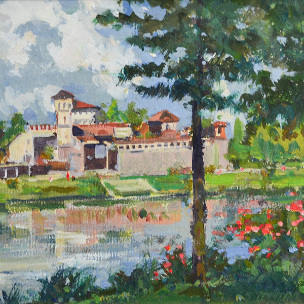 Dipinto ad olio su tavola “Scorcio del Borgo del Valentino a Torino” f.to Carlo Musso. Epoca primi del ‘900