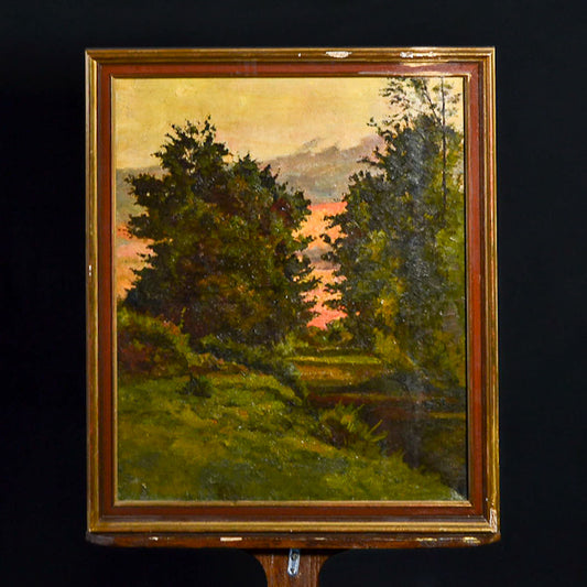 Dipinto olio su tela “Paesaggio boschivo al tramonto” sc/ impressionista. Francia XIX secolo