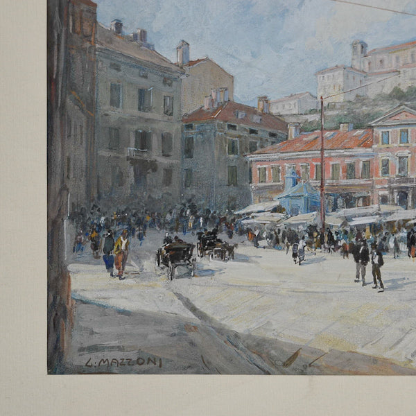 Dipinto olio su tela “Scorcio cittadino genovese” f.to in basso a destra G.Mazzoni. Liguria fine ‘800