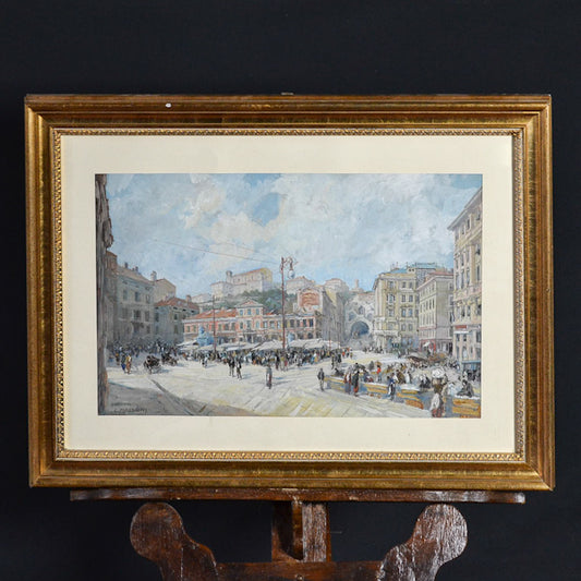 Dipinto olio su tela “Scorcio cittadino genovese” f.to in basso a destra G.Mazzoni. Liguria fine ‘800