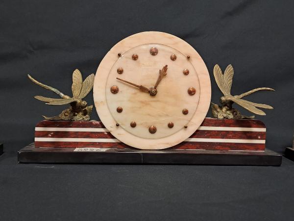 TRITTICO IN MARMO E ONIC, OROLOGIO DA TAVOLO CON LIBELLULE