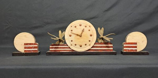 TRITTICO IN MARMO E ONIC, OROLOGIO DA TAVOLO CON LIBELLULE