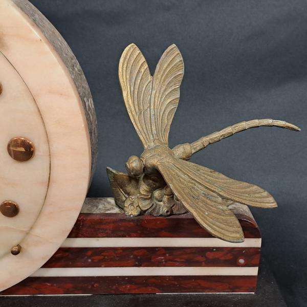 TRITTICO IN MARMO E ONIC, OROLOGIO DA TAVOLO CON LIBELLULE
