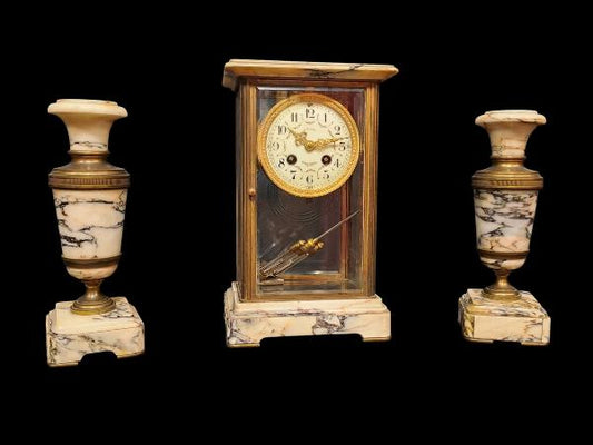 OROLOGIO TRITTICO IN MARMO VARIEGATO E BRONZO