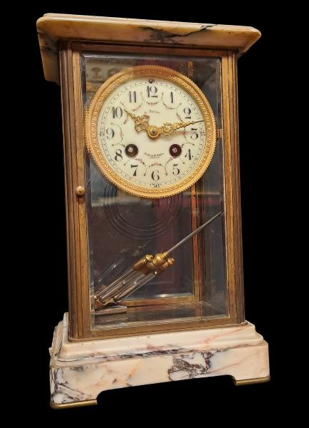 OROLOGIO TRITTICO IN MARMO VARIEGATO E BRONZO