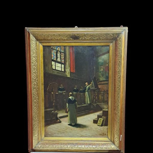 DIPINTO OLIO SU TELA "CONCILIO DI FRATI IN UN INTERNO" STILE NEOGOTICO EPOCA 800