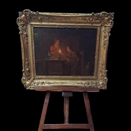 DIPINTO OLIO SU TAVOLA SCENA IN UN INTERNO