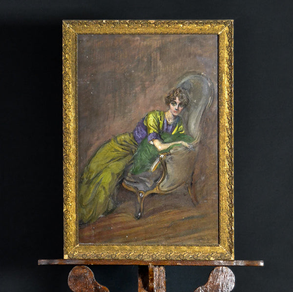 Dipinto su cartoncino “Figura femminile in poltrona” Italia fine ‘800. Periodo Boldini