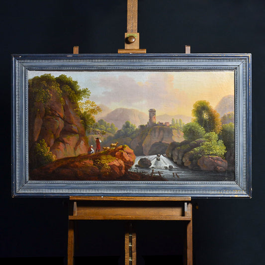 Dipinto olio su tela “Paesaggio arcadico con figure” sc/ franco-fiamminga. Primi ‘800