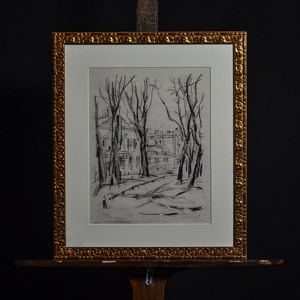 “Piazza Maria Teresa” Torino. Metà ‘900 f.to M. Quaglino. Tecnica a carboncino