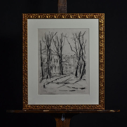 “Piazza Maria Teresa” Torino. Metà ‘900 f.to M. Quaglino. Tecnica a carboncino