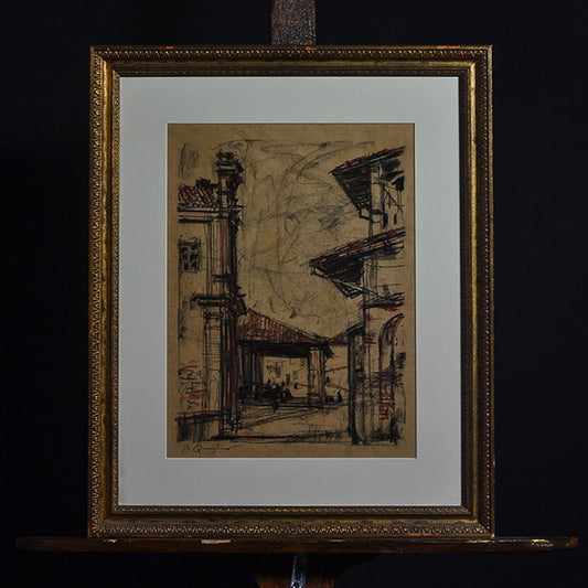 Disegno a tecnica mista,interno di paese f.to M. Quaglino. Metà ‘900