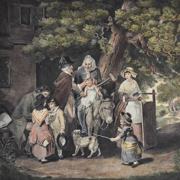 Stampa acquerellata “La domenica prima della Messa” con cornice d’epoca. Londra, inizi ‘800