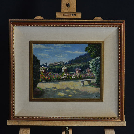 Dipinto olio su tela “Terrazza fiorita” f.to Metello Merlo