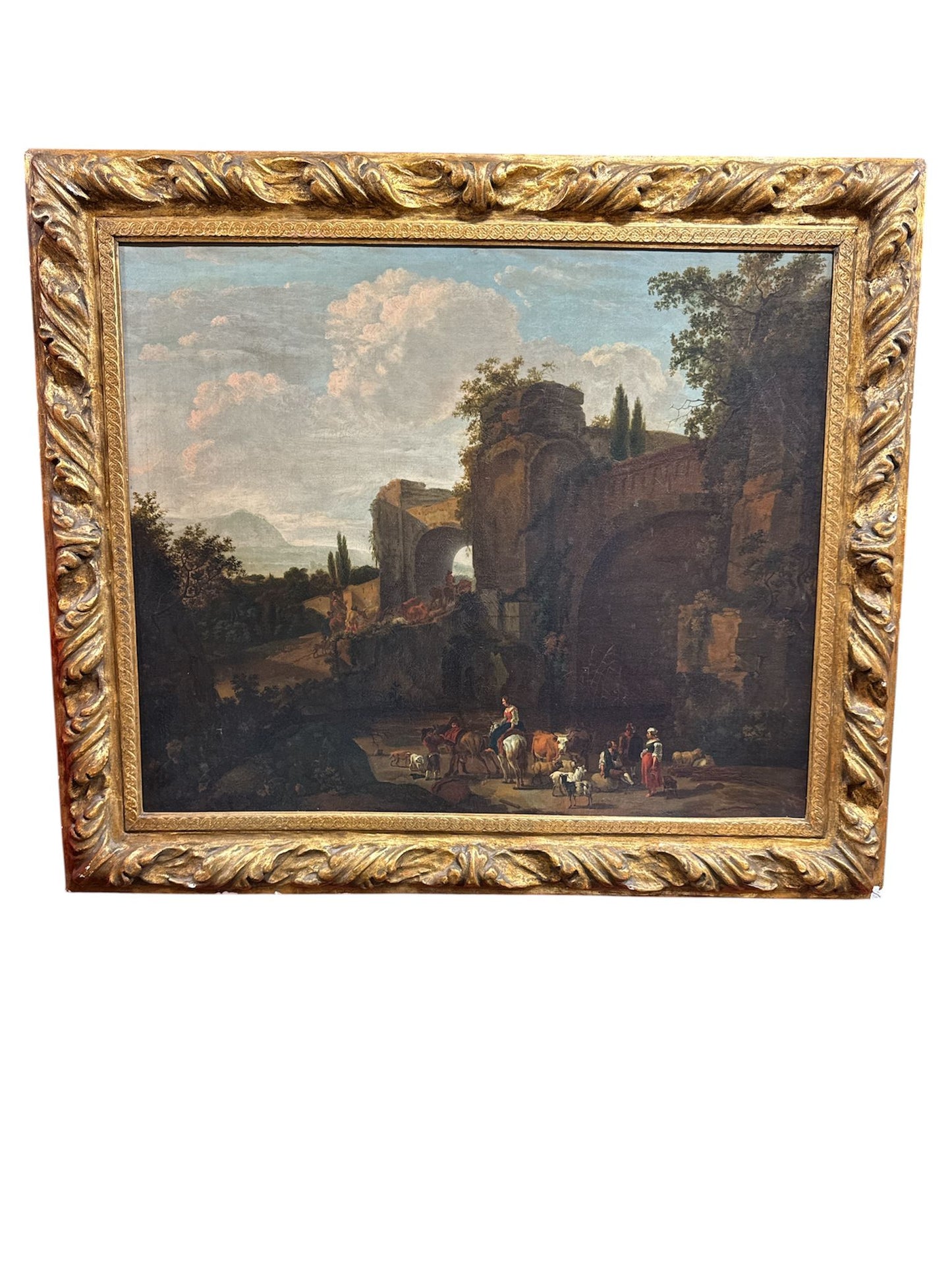 Dipinto olio su tela "Contadini con Animali in un paesaggio con rovine" F.to Nicolaes Berchem epoca fine '600