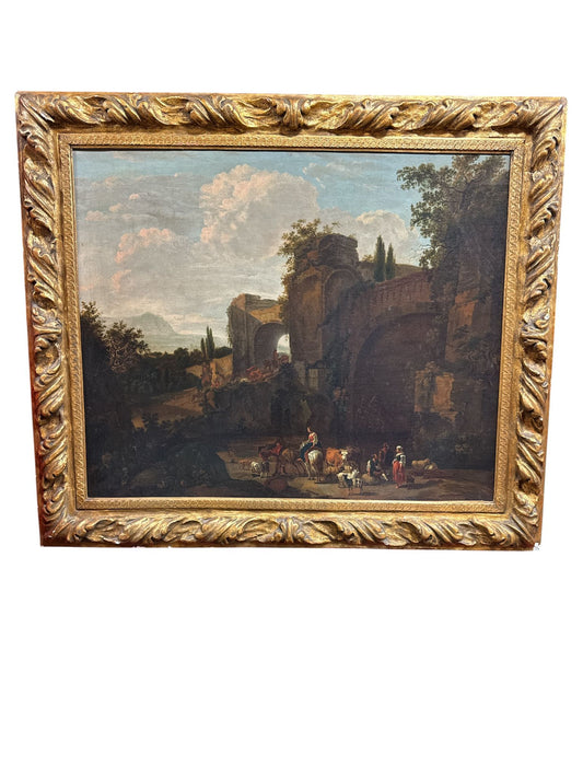 Dipinto olio su tela "Contadini con Animali in un paesaggio con rovine" F.to Nicolaes Berchem epoca fine '600