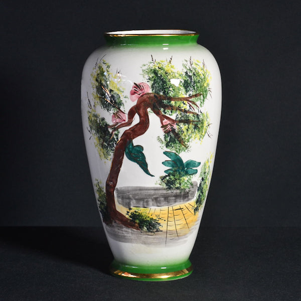 Vaso cinese in porcellana policroma, decorato con paesaggio e figure