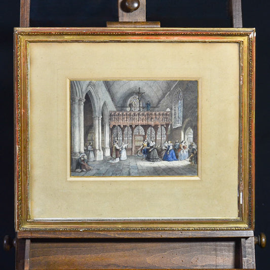Incisione acquerellata raffigurante matrimonio. F.to in basso a destra Jaime. Inghilterra. XIX secolo