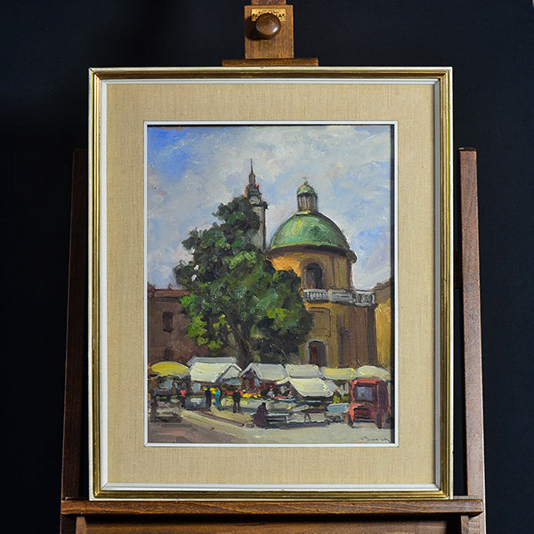 Dipinto olio su tavola “Piazza Carlina” Torino. Inizi ‘900 f.to in basso a destra