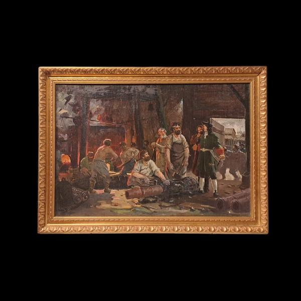 DIPINTO OLIO SU TELA "PIETRO IL GRANDE NELLA FABBRICA DEGLI ARMAMENTI" SCUOLA RUSSA