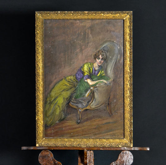 Dipinto su cartoncino “Figura femminile in poltrona” Italia fine ‘800. Periodo Boldini